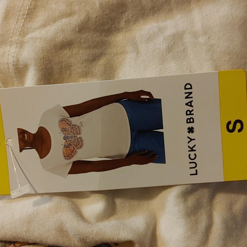 Lucky Brand Cream Scoop Neck Tee with Purple and Orange Butterfly - Picture 7 of 7